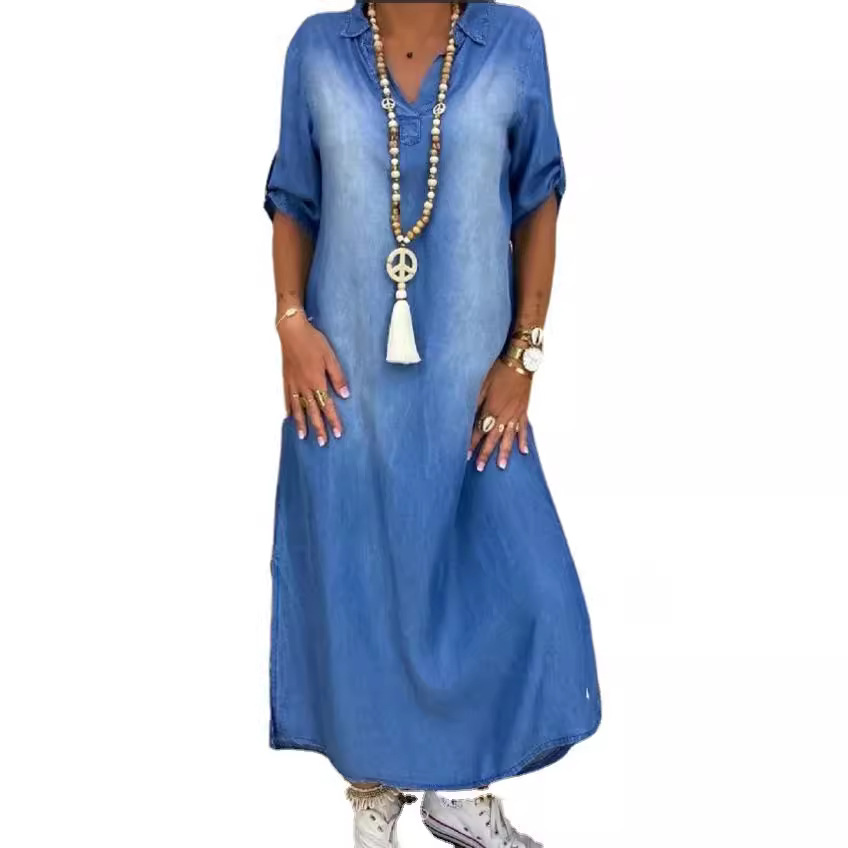 Cycling Commute Outfit - 여성 루즈핏 데님 드레스 워싱 아웃핏
