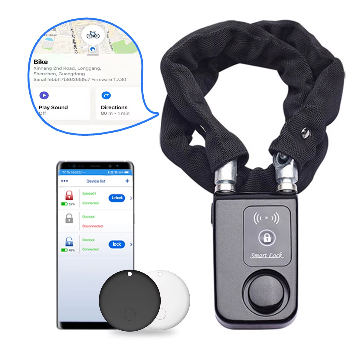 Chain Lock Combination - 110dB 알람 자전거 체인 잠금장치 (에어태그